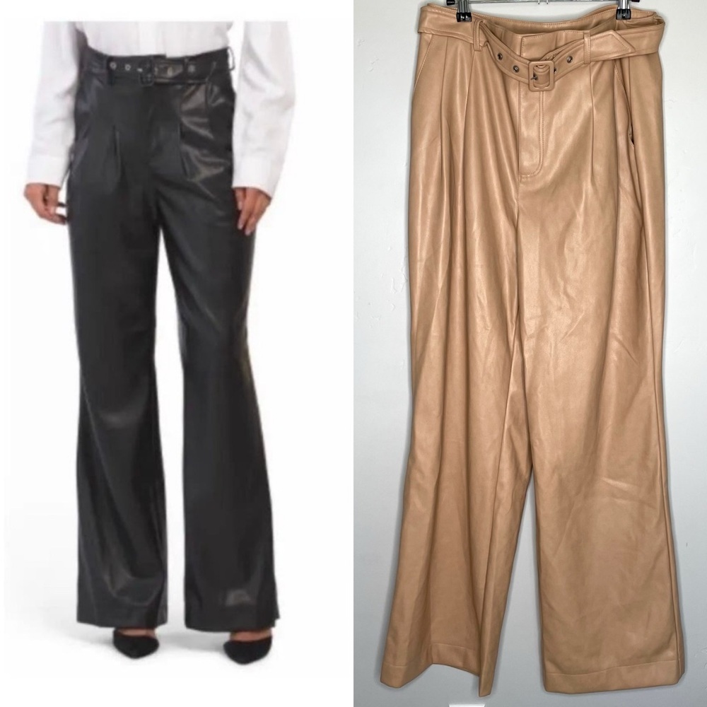 7 For All Mankind Faux Vegan Leather Pants Belted Pleated Tan Beige Wide Leg L